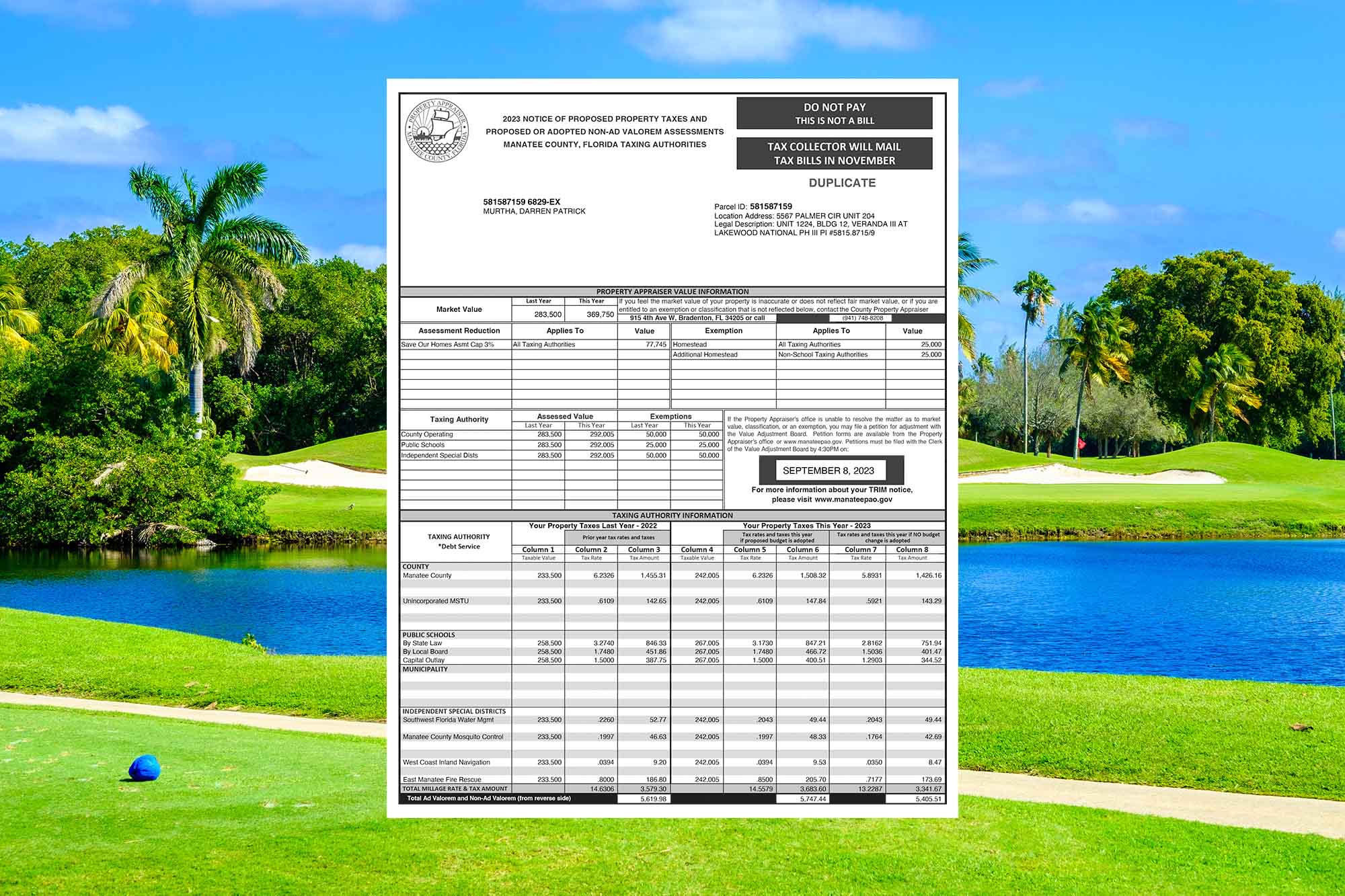 Property tax bill in front of palm trees and golf